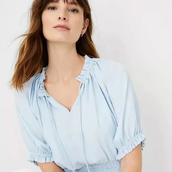 Ann Taylor Petite Light Blue Crossover Smocked Waist Blouse Top Size Small - Picture 2 of 9